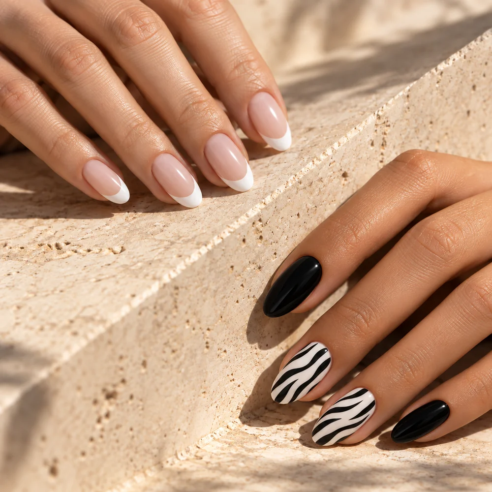 Manicura francesa y diseño de cebra sobre uñas almendradas