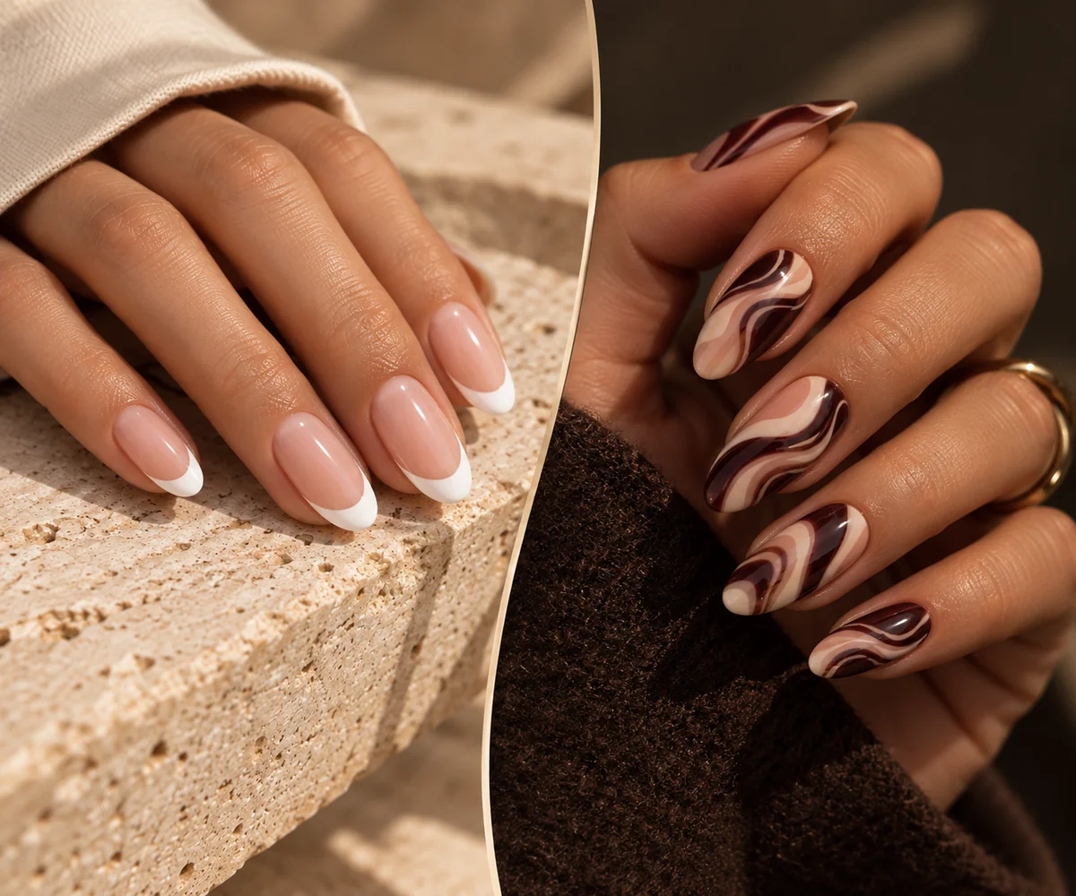 Manicura francesa y diseño de ondas en tonos chocolate, en dos manos distintas
